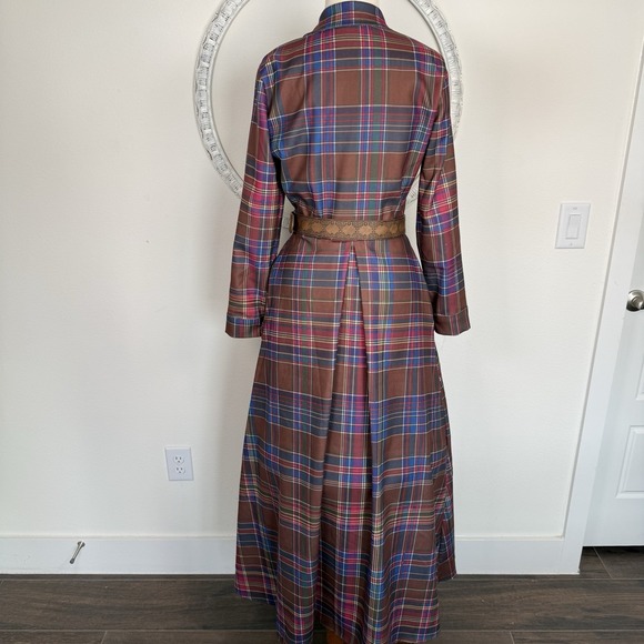 Tartan Plaid Long Sleeve Button Front maxi Dress Belt Womens S-M preppy - Picture 8 of 15